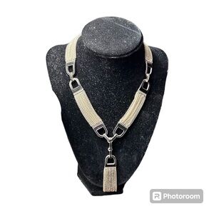 Layered Multi-Strand Link Tassel Choker Necklace Gold Tone